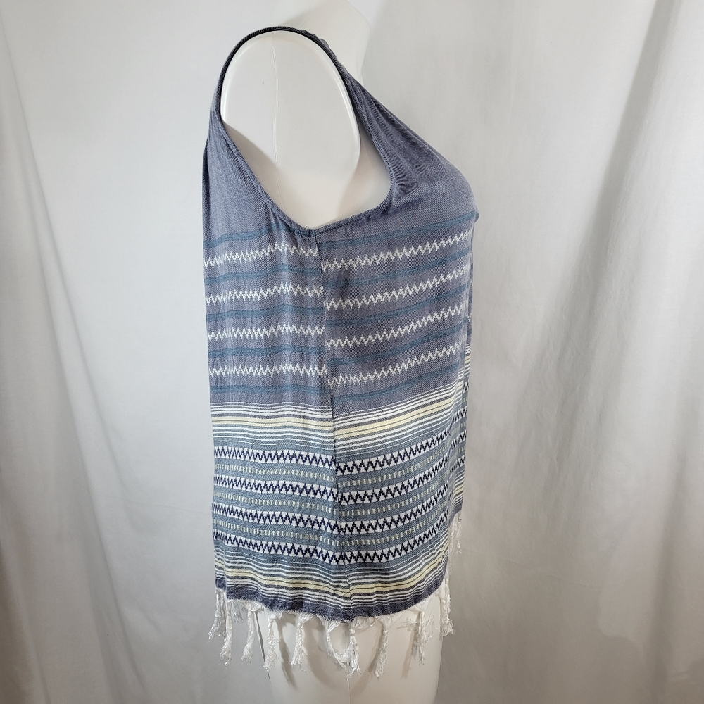 Dylan Sleeveless TOP Blue White Stripe Tunic Womens Size Medium M Fringe Tassels - Picture 2 of 14